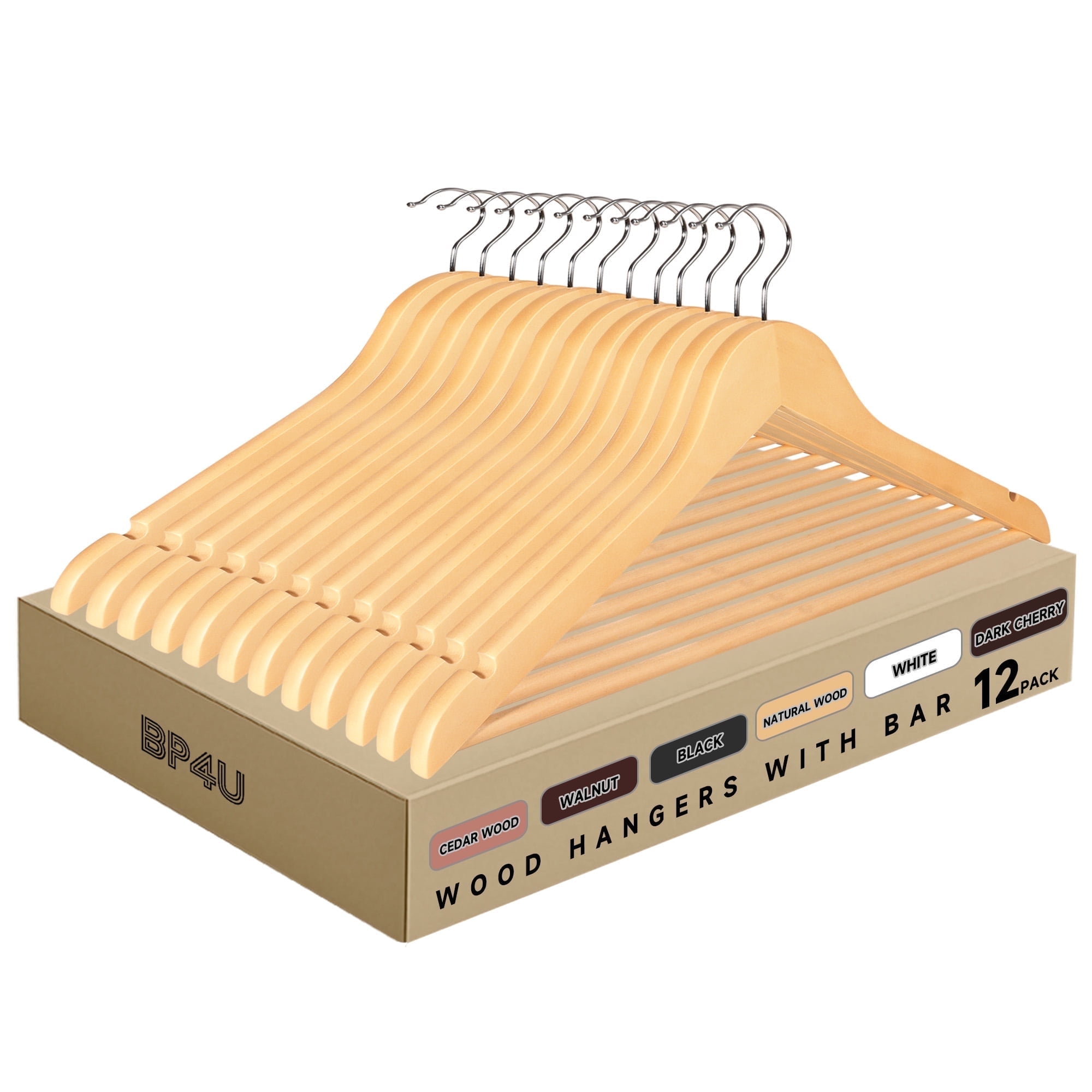 BP4U 12-Pack Premium Wooden Clothes Hangers with Clips, Solid Wood Skirt/Pant Hangers with Adjustable Clips for Suits, Dresses, Coats, Jackets, Trousers(Natural Wood)