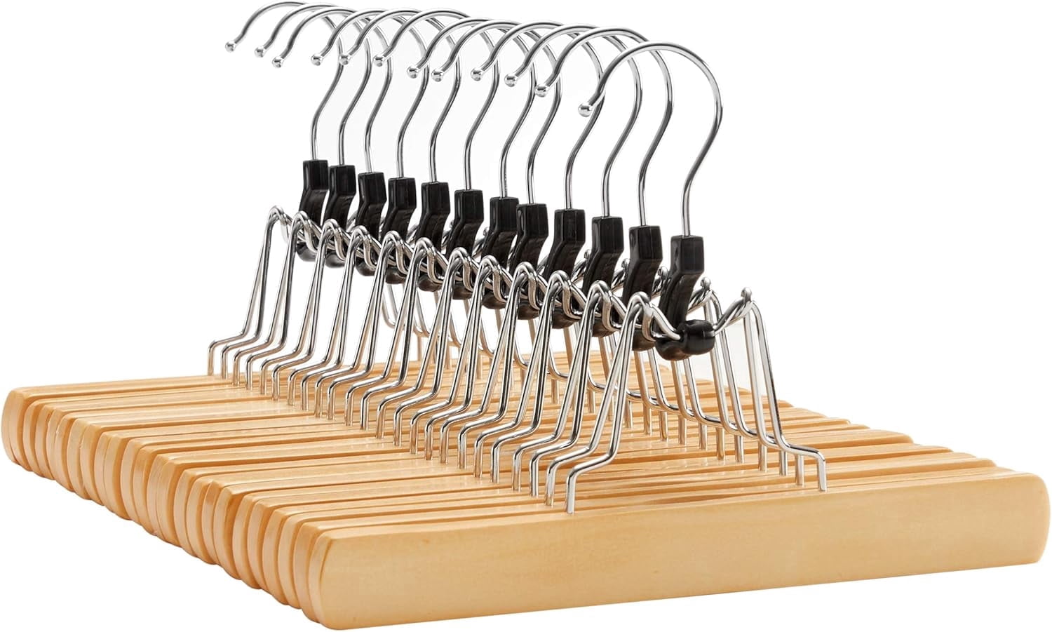 12 Pack Wooden Pants Hangers, Premium Solid Wood with Non-Slip Felt, Hold Pants Tightly, Smooth Finish Wood Skirt Hangers, with 360° Swivel Hook