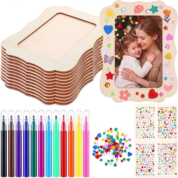 12 Pack Wooden Picture Frame Painting Craft Kit with Stickers DIY Craft Picture Frames for 4" x 6" Photos Unfinished Standing Photo Frame Decorate for Mother's Day DIY Crafts Gift