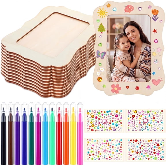 12 Pack Wooden Picture Frames Painting Craft Kit with Stickers DIY Wood Craft Picture Frames Bulk for 4" x 6" Photos Unfinished Standing Photo DIY Crafts for Birthday Mother's Day Gift