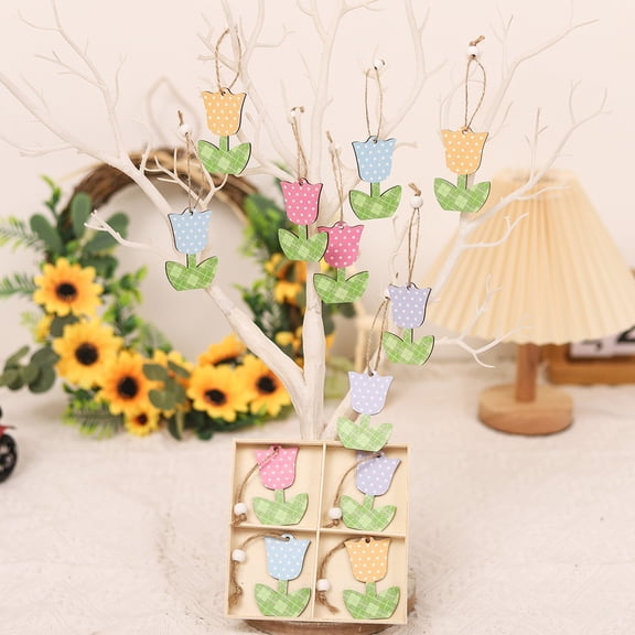12 Pack Wooden Tulip Ornaments Spring Flower Hanging Decor for Tree Window Wall Home Party Mother's Day Gift Easter Decoration