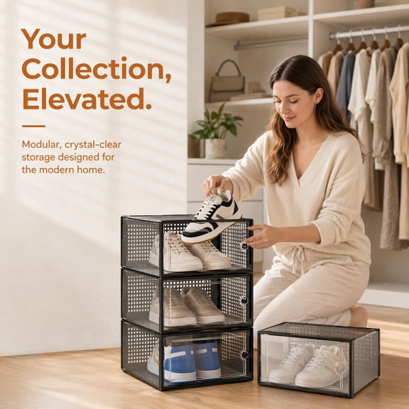 12-Pack X-Large Clear Shoe Storage Boxes, Stackable Drop-Front Organizer for Closet & Entryway, Black
