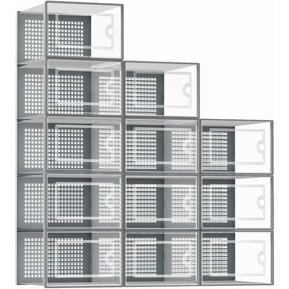 DQQKMM 12-Pack XL Shoe Storage Box, Clear Shoe box Plastic Stackable Shoe Organizer for Closet, Space Saving Foldable Shoe Rack Sneaker Container Bin Holder(gray)