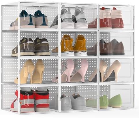 12 Pack XX-Large Modular Clear Plastic Stackable Shoe Storage Organizer ...