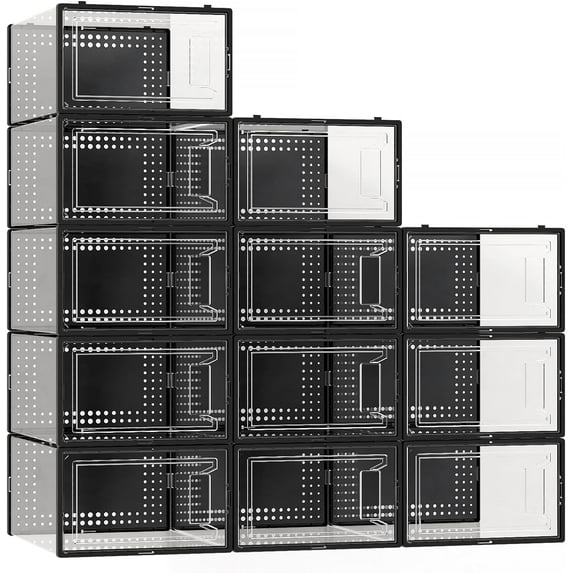 12 Pack XX Large Shoe Organizer Storage Boxes for Closet, Modular Space Saving Shoe Boxes Clear Plastic Stackable Sneaker Containers Display Case with Lids,Black