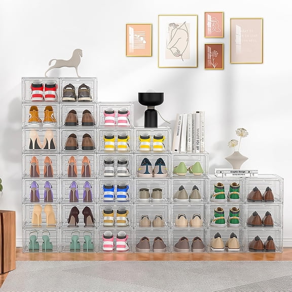 12 Pack XX-Large Shoe Storage Boxes – Clear Hard Plastic Stackable Sneaker Organizer with Lids, Hot Sale, Sturdy Display Cases for Closet Storage, White