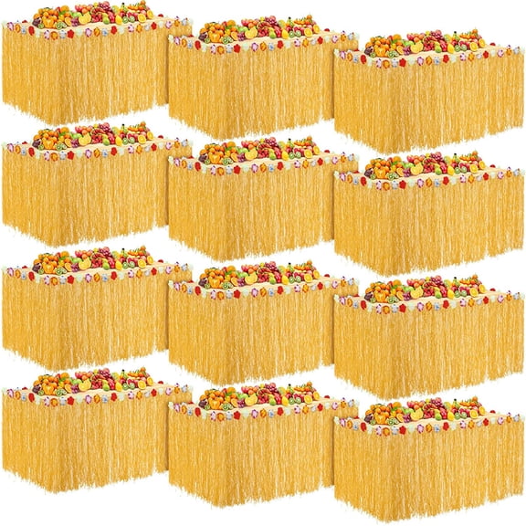 12 Pack Yellow Luau Grass Table Skirt 9 ft x 30 in with Faux Hibiscus Flowers