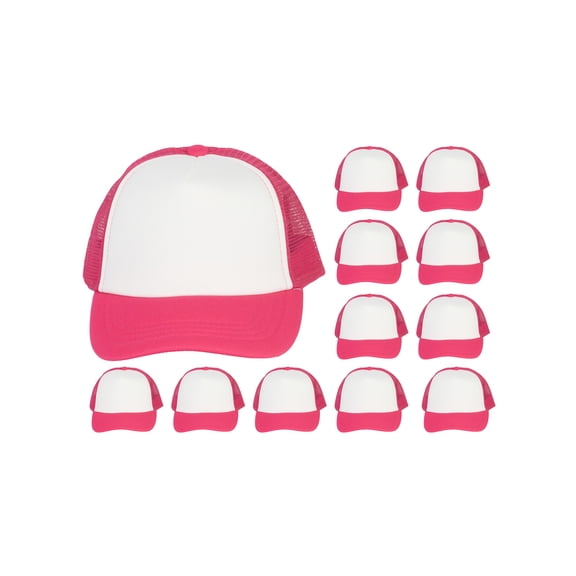 12-Pack Youth Snapback Trucker Hat Foam Mesh Dozen Caps For Kids, White/Magenta