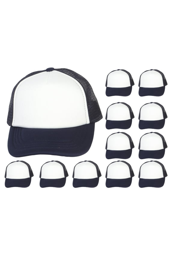 12-Pack Youth Snapback Trucker Hat Foam Mesh Dozen Caps For Kids, White/Navy
