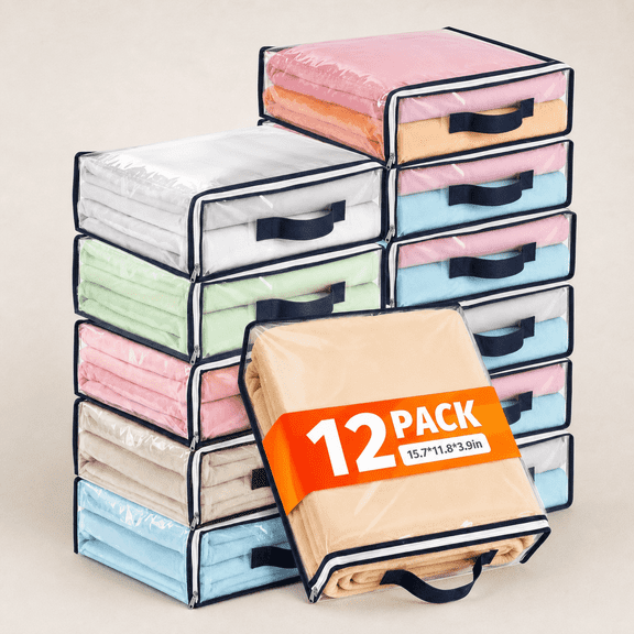 12-Pack Zippered Clear Storage Bags – 15.7 Inch Plastic Blanket Bags, Waterproof and Dustproof, Space-Saving Closet Organizers for Clothes and Linens
