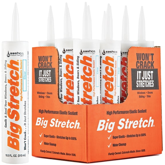 12 Pack of 10.5 oz Sashco 10006 Big Stretch Clear Water-Based Elastomeric Sealant