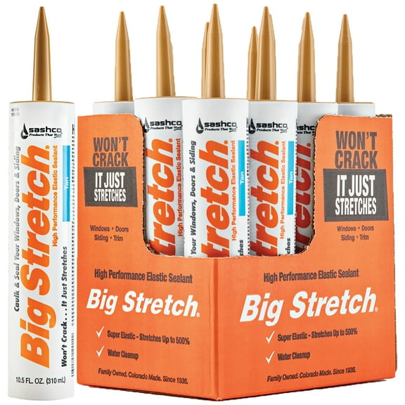 12-Pack of 10.5 oz Sashco 10014 Tan Big Stretch Water-Based Elastomeric Sealant