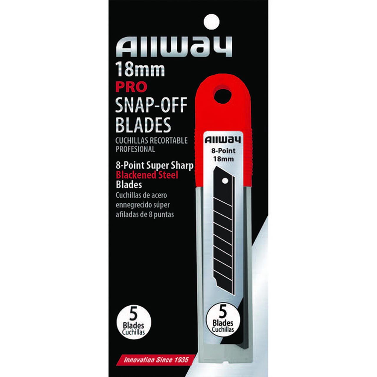 12-Pack of 18mm Allway SB18-5B Red/Black B-Series Carded, Premium Blackened Steel 8-Point Snap Blade with Safety Holder Dispenser, 5 Blade Pack