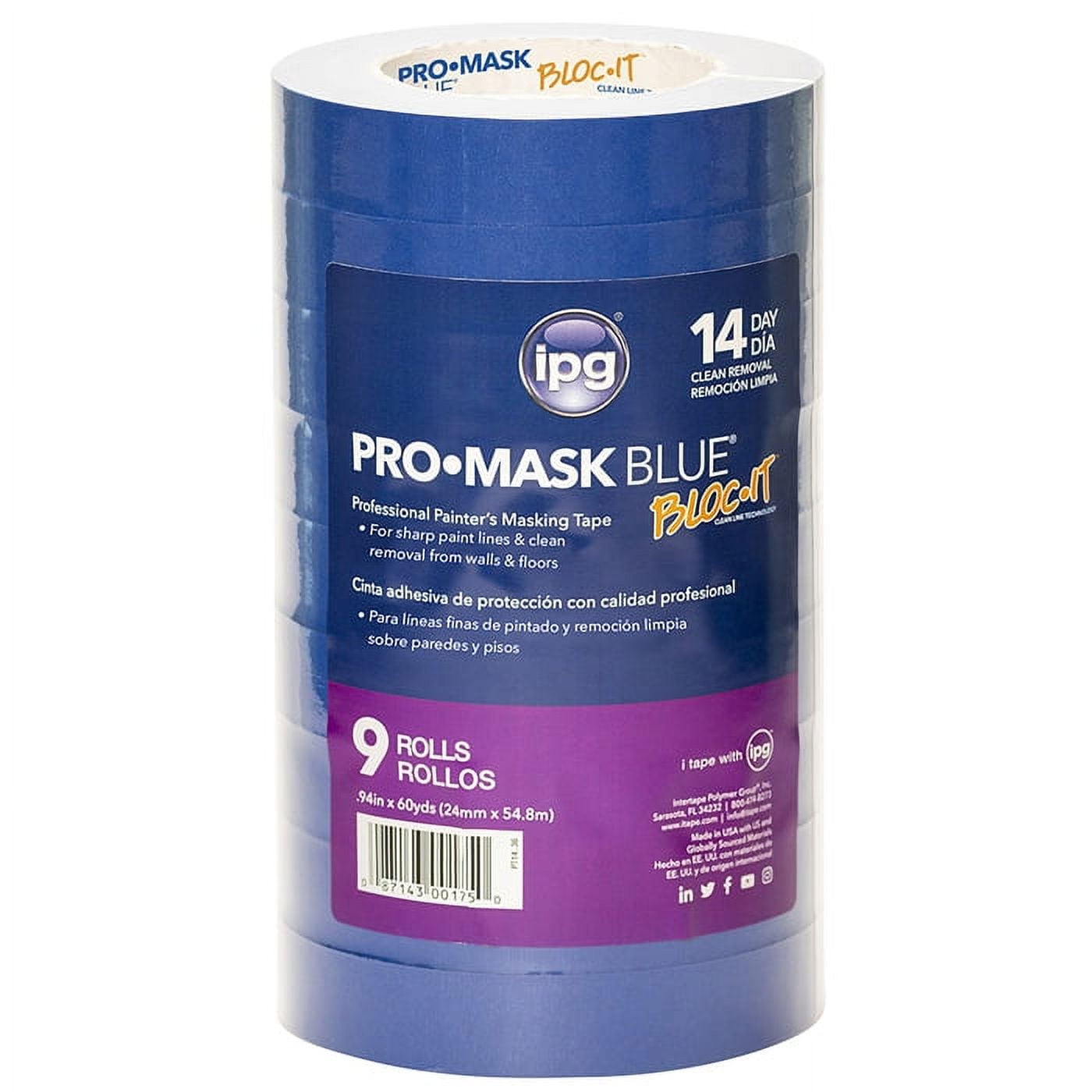 12-Pack of .94” x 60 yds Intertape PT14 ProMask Blue Blue Masking Tape, Contractor 9-Pack