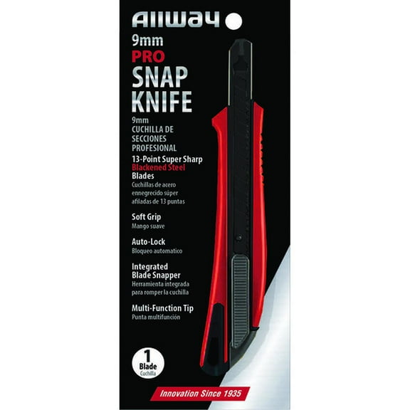 12-Pack of 9mm Allway SK9B Red/Black K-Series Carded, Pro Soft Grip Auto-Lock Snap Knife with 13-Point Blackened Steel Blade