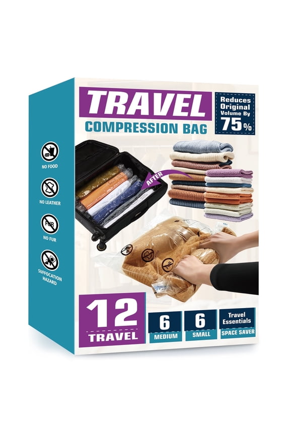 Compression Vacuum Space Saver Zipper Bags 12 Pack for Food Storage & Organization