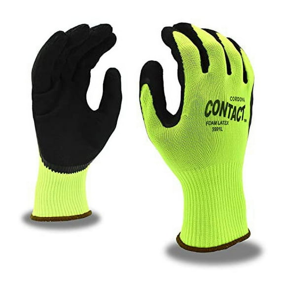 12-Pack of Cordova 3991M Contact Work Gloves, 13-Gauge, Hi-Vis Green Nylon Shell, Black Foam Latex Palm Coating, Medium