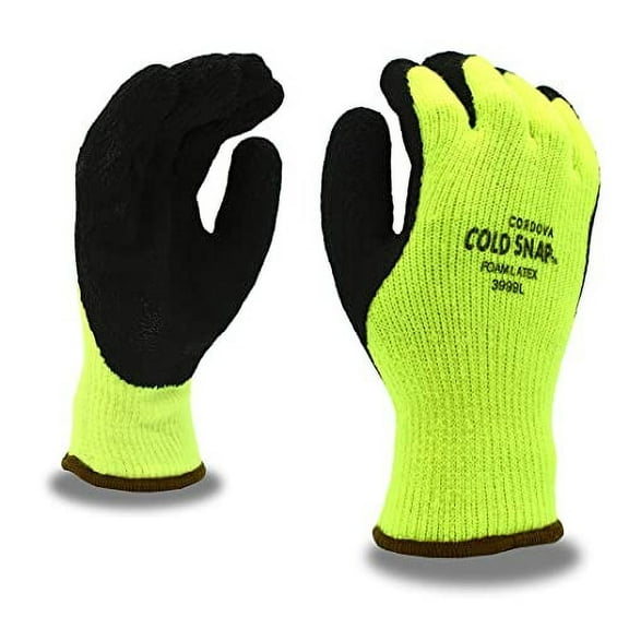 12-Pack of Cordova 3999S Cold Snap Work Gloves, 7-Gauge, Hi-Vis Green, Brushed, Loop-In, Acrylic Terry Shell, Black Foam Latex Palm Coating, Small