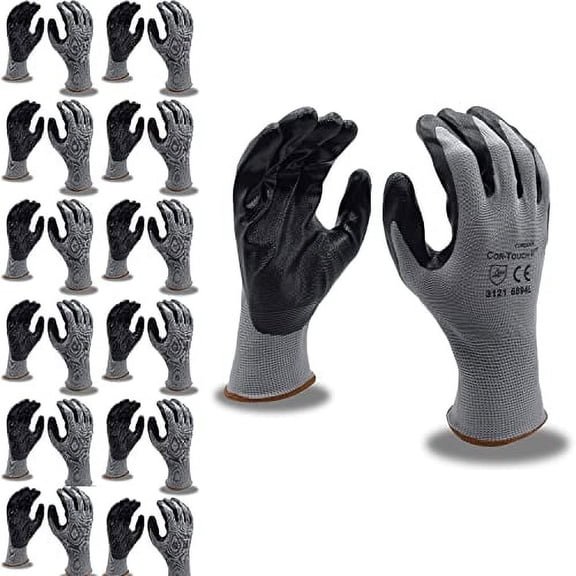 12-Pack of Cordova 6894S Cor-Touch II 13-Gauge Work Gloves, Gray Polyester Shell, Black Flat Nitrile Palm Coating, Small