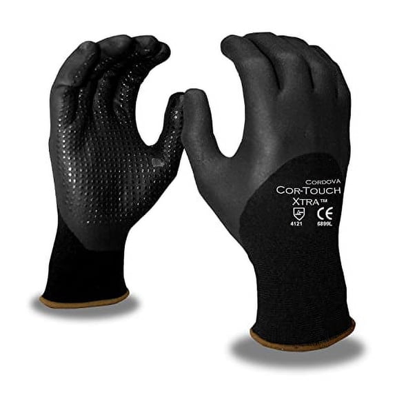 12-Pack of Cordova 6899L Cor-Touch Xtra 13-Gauge Work Gloves, Black Nylon/Spandex Shell, 3/4 Black Foam Nitrile/Pu Coating, Black Nitrile Dots, Large