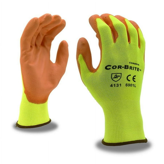 12-Pack of Cordova 6901XL Cor-Brite 13-Gauge Work Gloves, Hi-Vis Yellow Polyester Shell, Hi-Vis Orange Polyurethane Palm Coating, X-Large