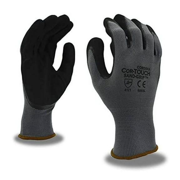 12-Pack of Cordova 6993L Cor-Touch Sand-Grip 13-Gauge Work Gloves, Gray Polyester Shell, Black Sandy Nitrile Palm Coating, Large