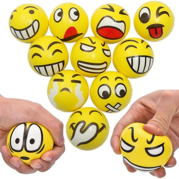12 Pack of Emoji Smiley Face Stress Balls - Yellow 2.4 Inch Assorted Squeezable
