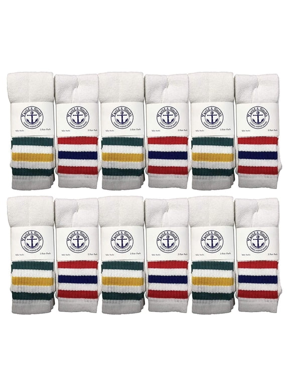 Wholeasle Womens Tube Socks, Womens Cotton Referee Sport Socks - 9-11 - White w/ Stripes - 12 Packs