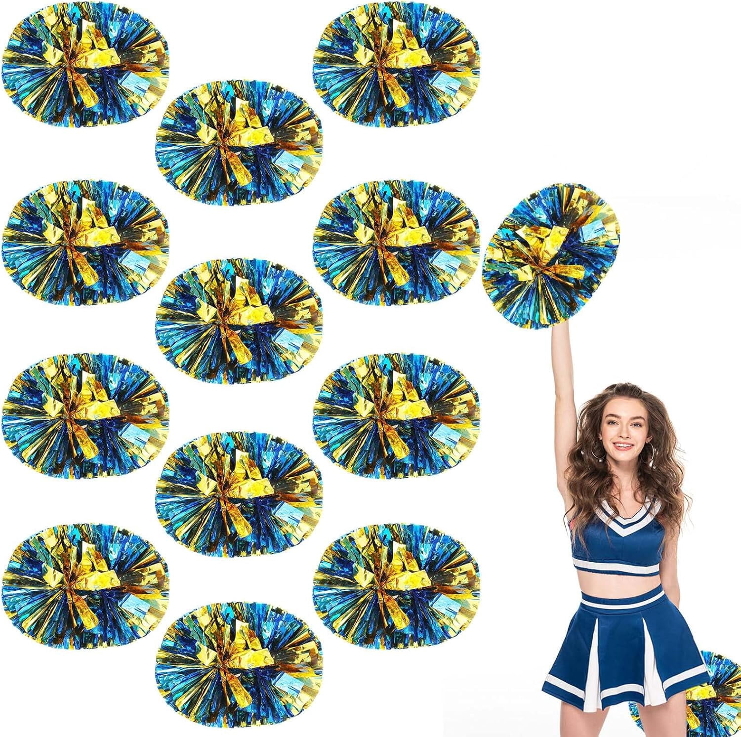 12 Pack pom poms Cheer,Handheld Cheer pom poms, Sports Cheer Plastic Pom Poms Cheerleading for Sports Team Spirit Cheering (Blue+Gold)
