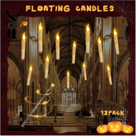 12 PackFloating Candles with Wand Remote,Halloween Decorations Magic Hanging Candles, LED Flickering Light Flameless Candles for Harry Potter Party Room Ceiling Witch Decor,Halloween Gifts for Kids