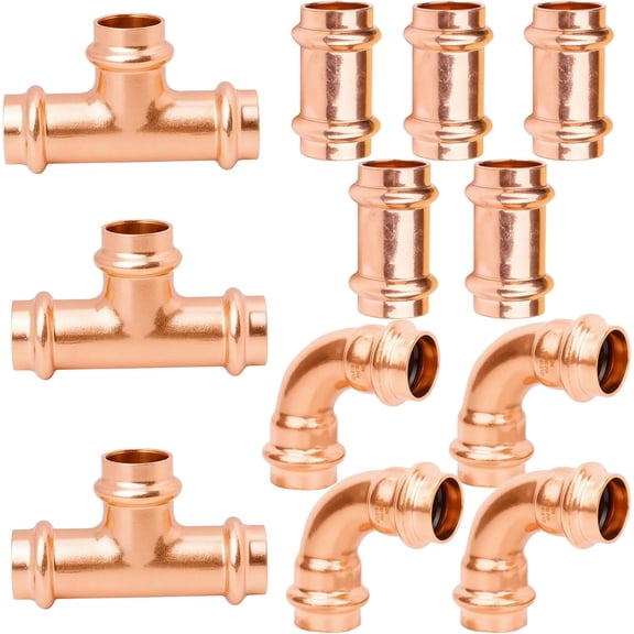 12 Packs 1/2" Copper Fittings Kit,5 PCS Propress Coupling Fittings,4 PCS Press 90 Degree Elbow with 3 PCS Propress Tee use for Connect Copper Pipe