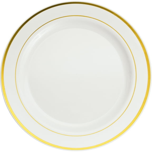 12 Packs: 10 ct. (120 total) 10.3" Round Banquet Plates with Gold Trim by Celebrate It