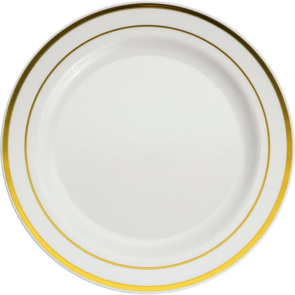 12 Packs: 10 ct. (120 total) 7.5" Round Lunch Plates with Gold Trim by Celebrate It