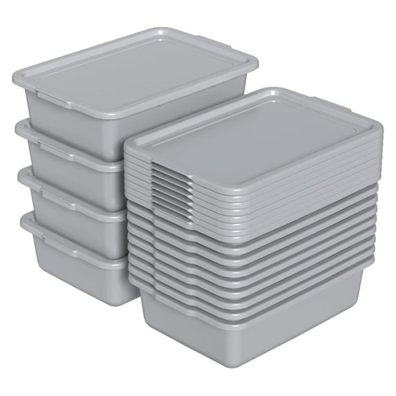 12-Packs 13 L Bus Tubs with Lids, Plastic Restaurant Bus Box, Grey