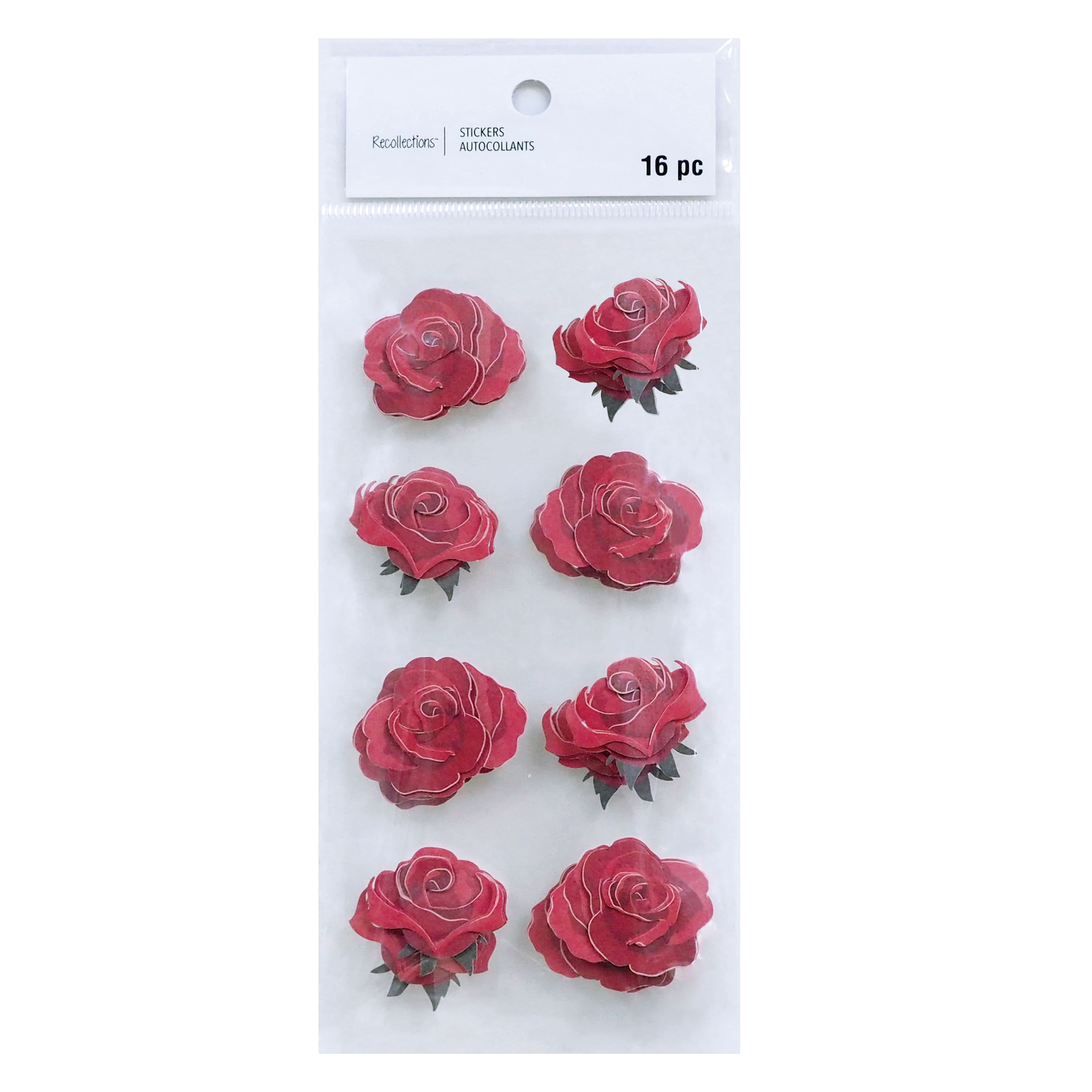 12 Packs: 16 ct. (192 total) Red Roses Floral Dimensional Stickers by ...