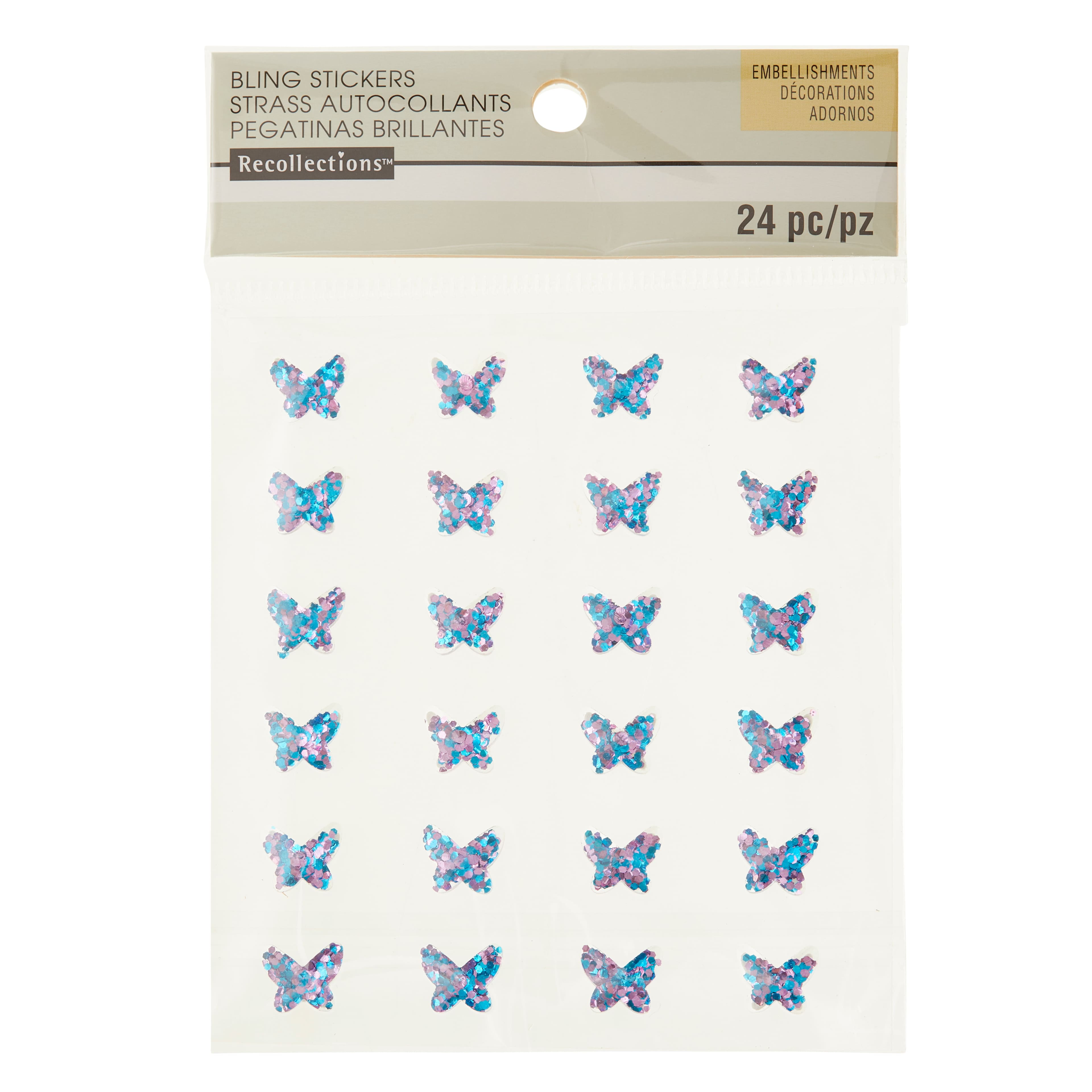 12 Packs: 24 ct. (288 total) Blue & Pink Iridescent Butterfly Bling  Stickers by Recollections™