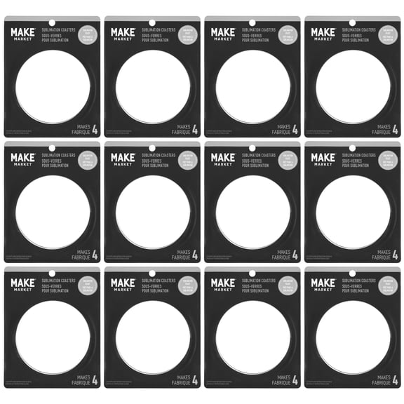 4 Count (48 Total) 3.5 Round Sublimation Ceramic Coasters by Make Market - Ready to Finish Coasters Includes Durable Cork Base - Bulk 12 Packs