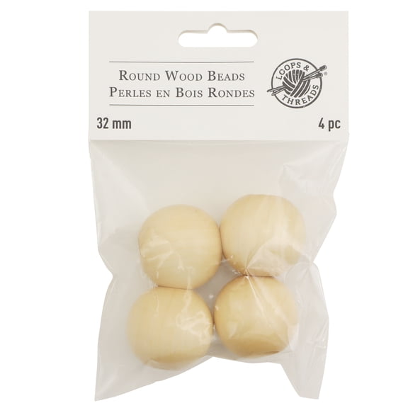 Loops & Threads Natural Wood Round Beads 32mm, 12 Packs: 4 ct. (48 total)