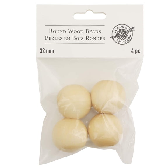 Loops & Threads Natural Wood Round Beads 32mm, 12 Packs: 4 ct. (48 total)