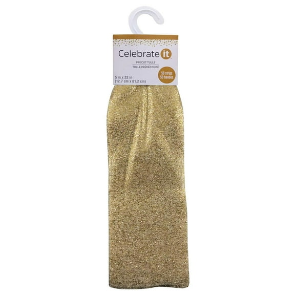 12 Packs: 50 ct. (600 total) Gold Glitter Pre-Cut Tulle Strips by Celebrate It