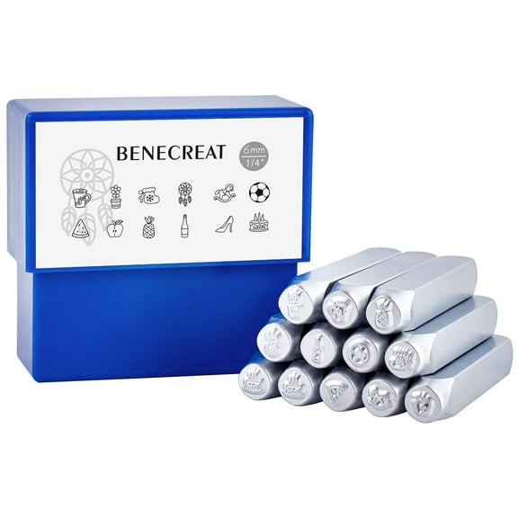 12 Packs (6mm 1/4") Life Theme Electroplated Design Metal Stamp Punches with Tool Case
