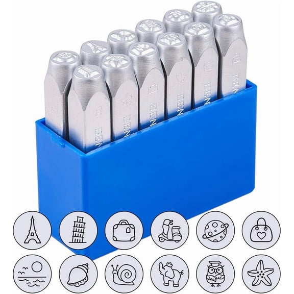 12 Packs (6mm 1/4") Vacation Theme Electroplated Design Metal Stamp Punches with Tool Case for Jewelry Leather Wood Stamping for DIY