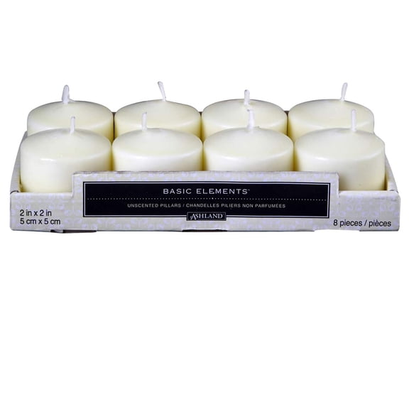 12 Packs: 8 ct. (96 total) Basic Elements 2" x 2" Ivory Pillar Candles by Ashland