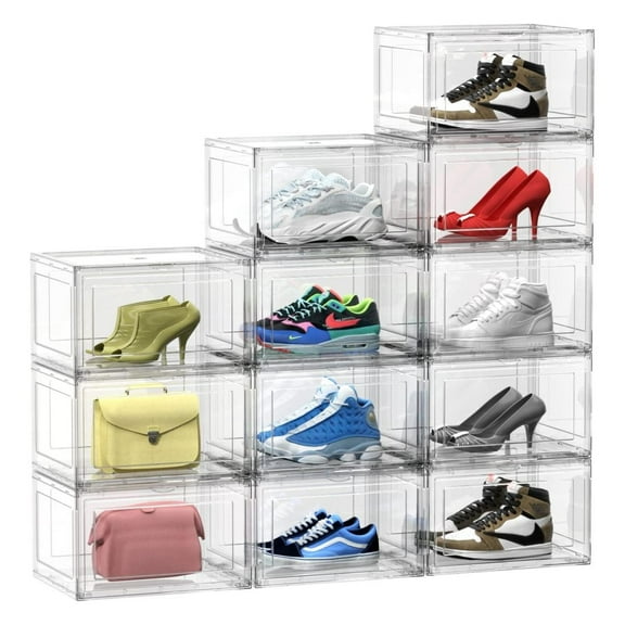12 Packs Acrylic Shoe Boxes, Clear Plastic Stackable Acrylic Sneaker Boxes, Display Case for Sneaker Fits Up to US Size 15