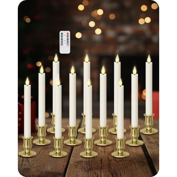 12 Packs Battery Operated Window Candles with Remote Control, 3D Flickering Flame, Timer, Adjustable Brightness, Steady or Flicker Mode, Christmas Flameless Candles for Window D01FCP1205