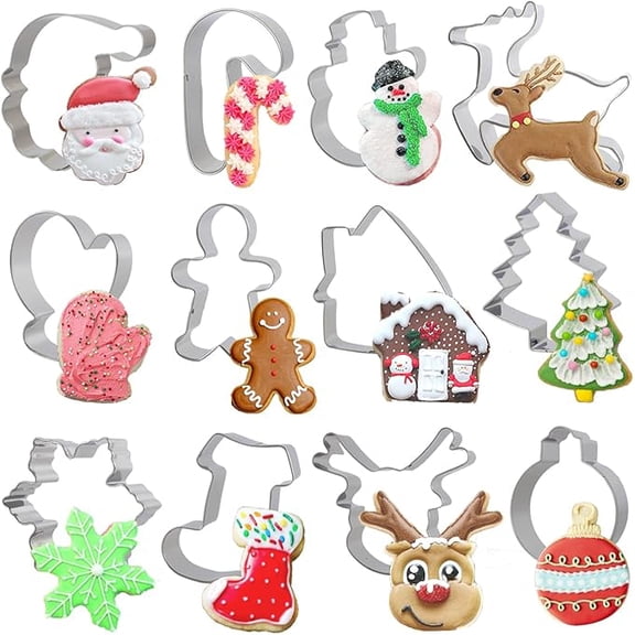 12 Packs Christmas Cookie Cutter Set Stainless Steel, Gingerbread Man, Santa Claus, Snowflake, Xmas Reindeer, Christmas Tree, Candy Baking Molds