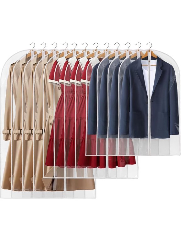 12 Packs All Clear Garment Bags for Hanging Clothes, Suit Bags for Closet Storage, Plastic Waterproof Suit Cover Bags with Zipper for Coats, Jackets, Dresses (24" x 40" & 48" & 55")