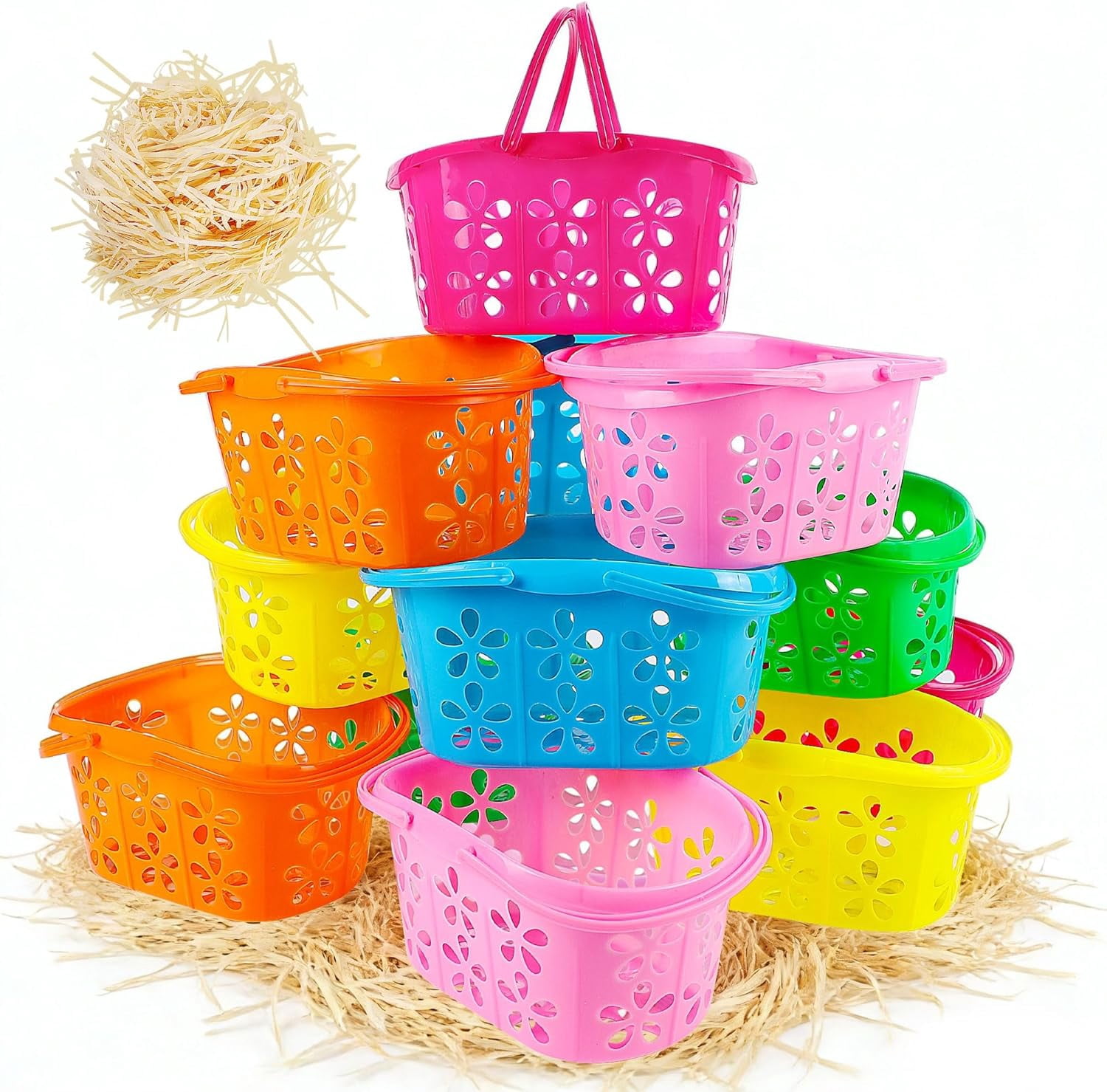 12 Packs Easter Baskets, 6.5"x4.5"x3.2" Colorful Kids Baskets with Handles, Empty Plastic Easter Basket for Egg Hunt Party Favors