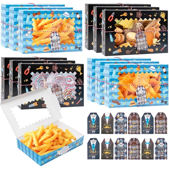 12 Packs Father's Day Party Gift Boxes with Tags, Summer Dad Treats Scalloped Window, Chocolate Candy Cake Fathers Decorative Container for Wrapping