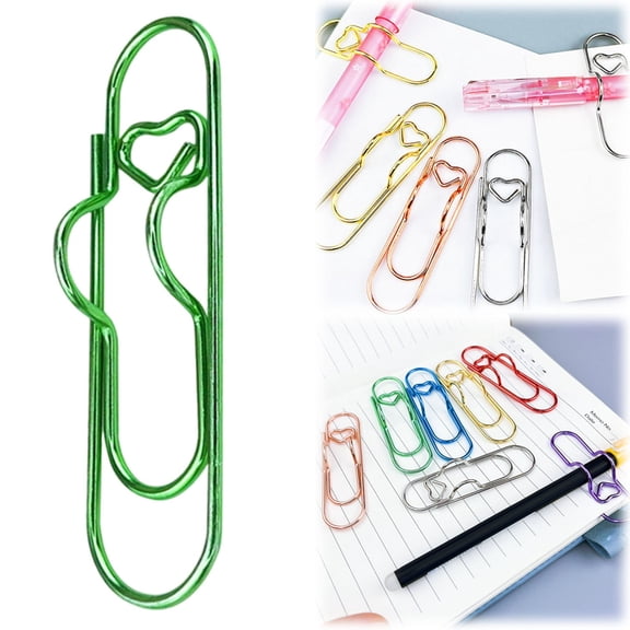 12 Packs Heart Pen Clip for Notebook, Pen Paperclip Holder for Notebook, Pen Holder Paper Clip, Heart Penclip Metal Pencil Clips Multifunctional Paperclip, Reusable Writing tool Holder(Green)